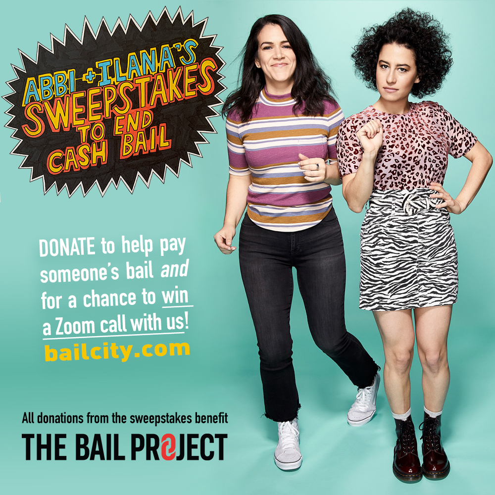 Two people, Abbi and Ilana, standing next to each other beside a logo for their sweepstakes and The Bail Project's logo.