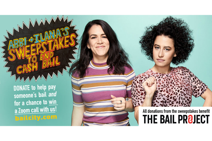 Two people, Abbi and Ilana, standing next to each other beside a logo for their sweepstakes and The Bail Project's logo.