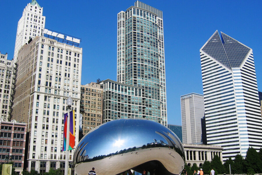 The "bean" in Chicago, in front of skyscapers
