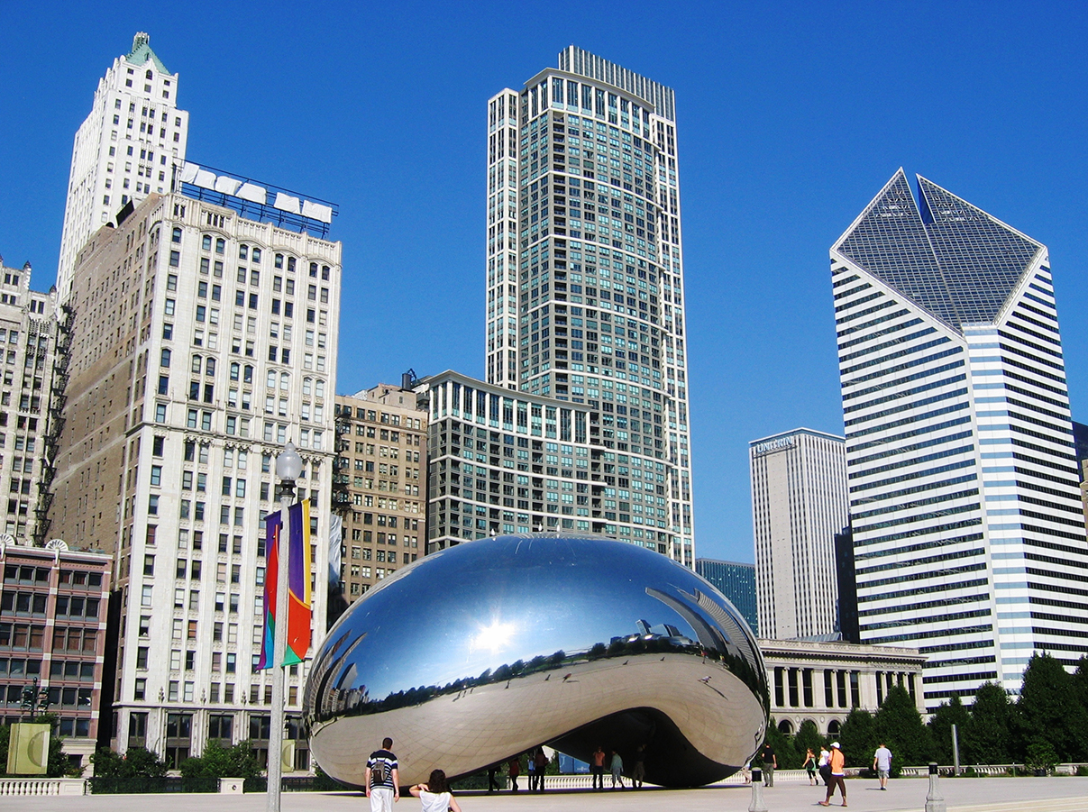 The "bean" in Chicago, in front of skyscapers