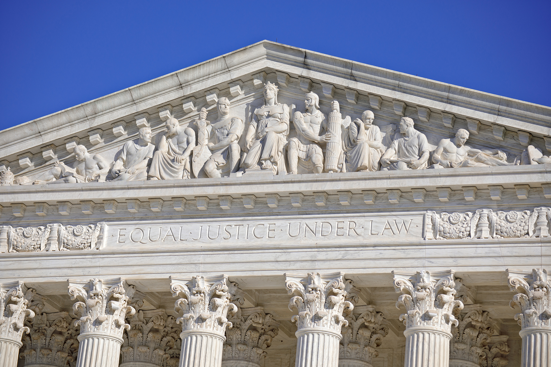 West Pediment marble sculptural group on the U.S. Supreme Court building exterior in Washington DC, completed by artist Robert I. Aitken in 1935