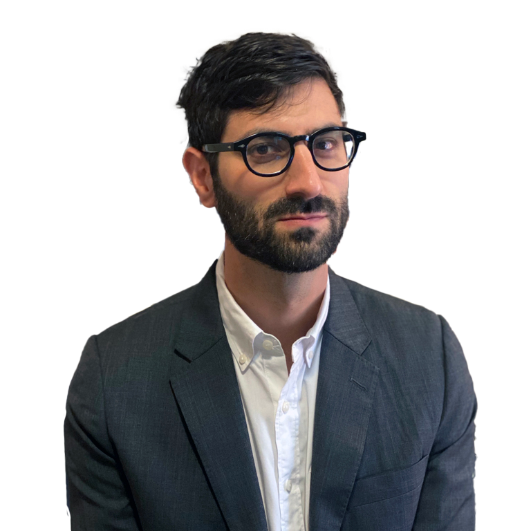 a man in a suit and glasses in front of a transparent background