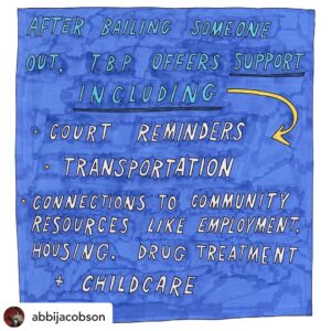 A hand-drawn image by Abbi + Ilana with a large arrow, "After bailing someone out, TBP offers support including court reminders, transportation, connections to community resources like employment and housing and drug treatment + childcare"