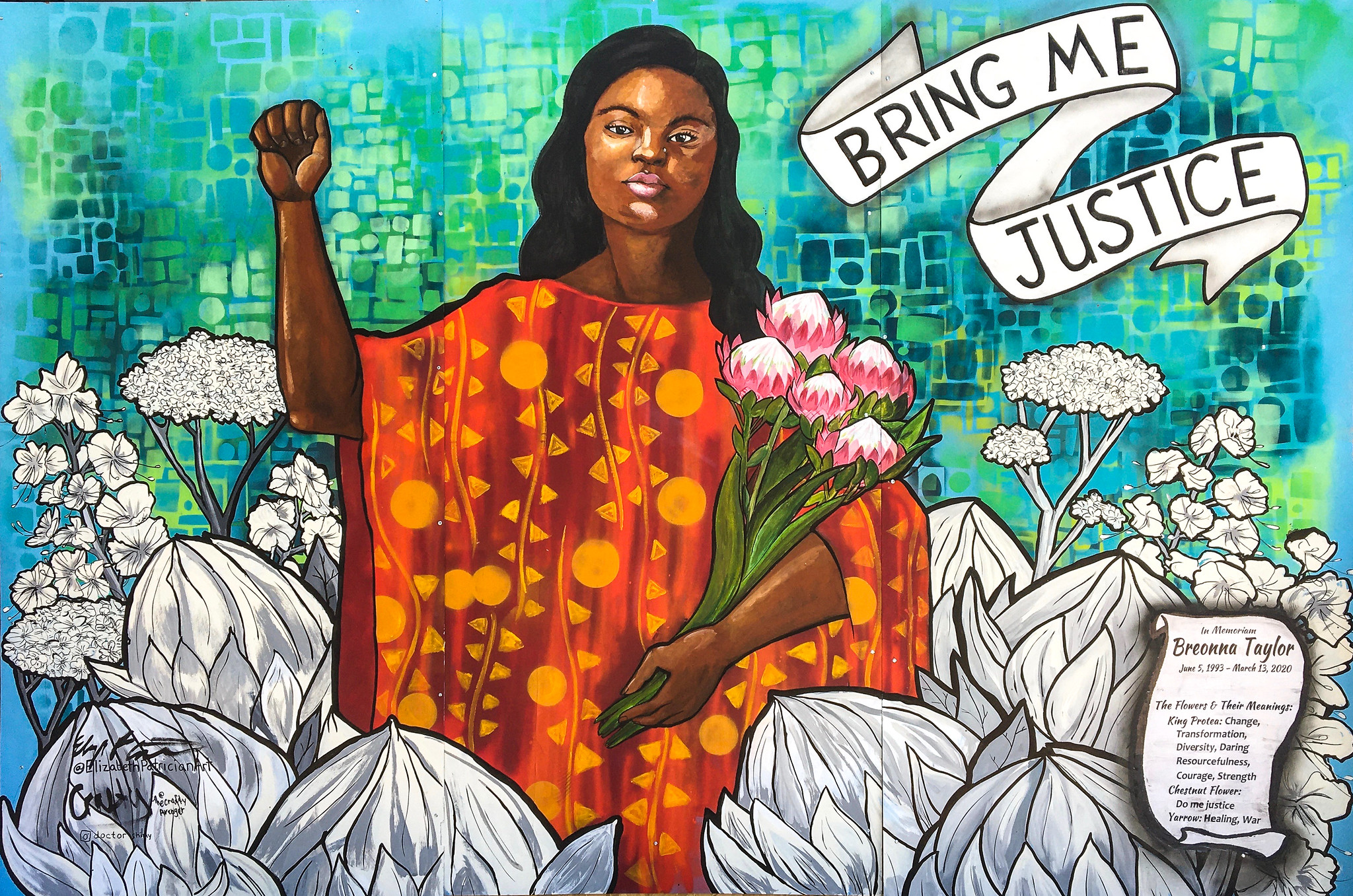 a painting of a woman, Breonna Taylor, holding flowers in her hands and surrounded by flowers