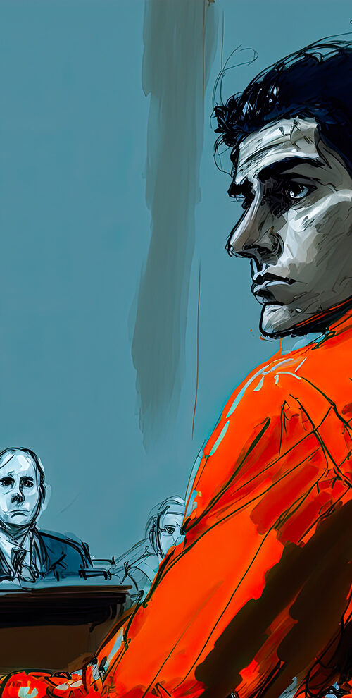 Client in orange jumpsuit, courtroom sketch.