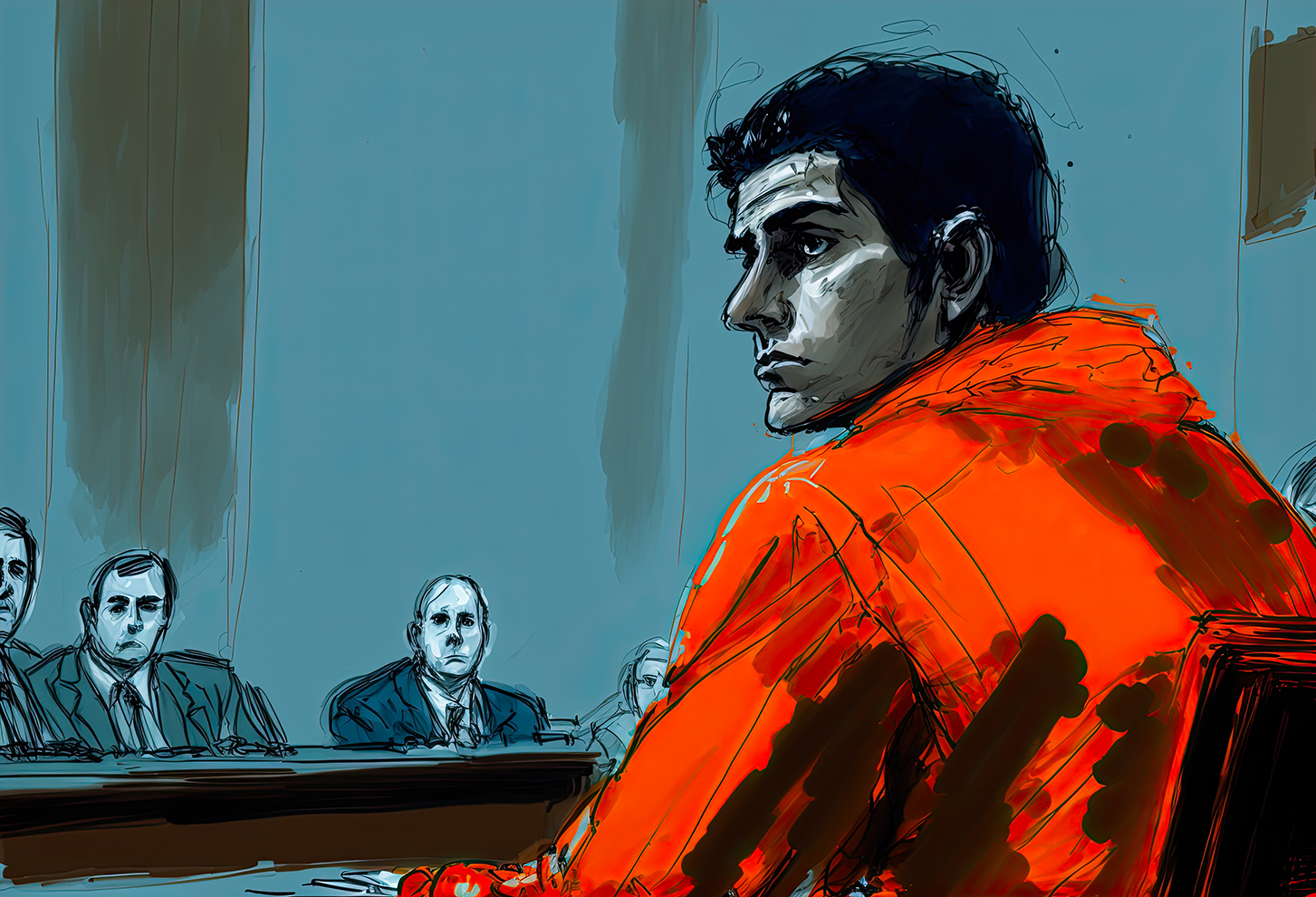 Client in orange jumpsuit, courtroom sketch.
