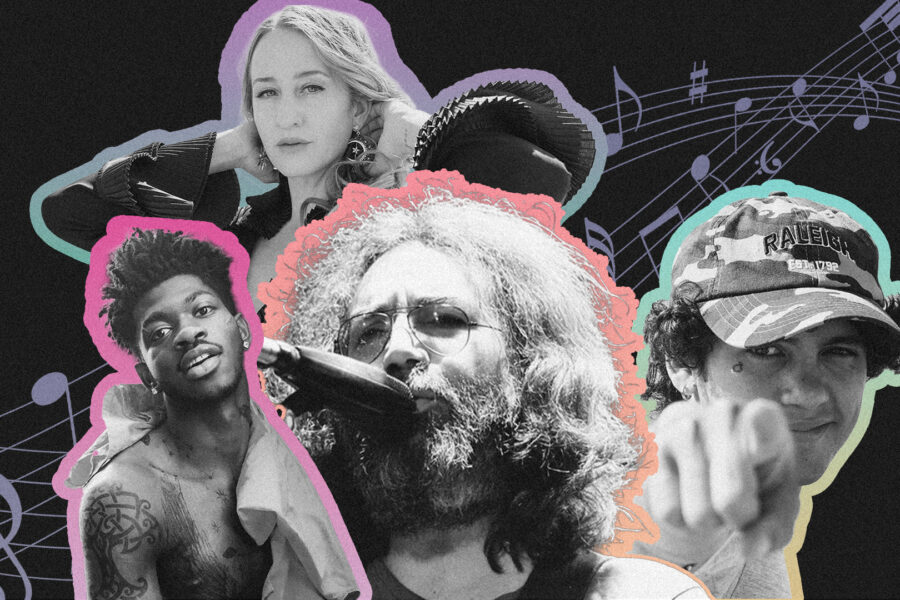 A photo collage of musicians and musical notes